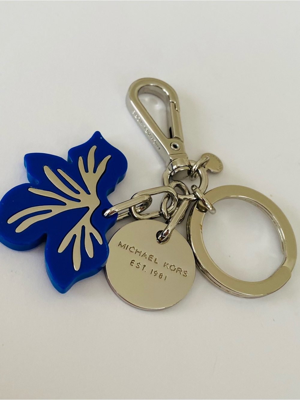 Michael Kors Blue Orchid Flower Charm Silver Tone Key Chain Bag Charm Accessory